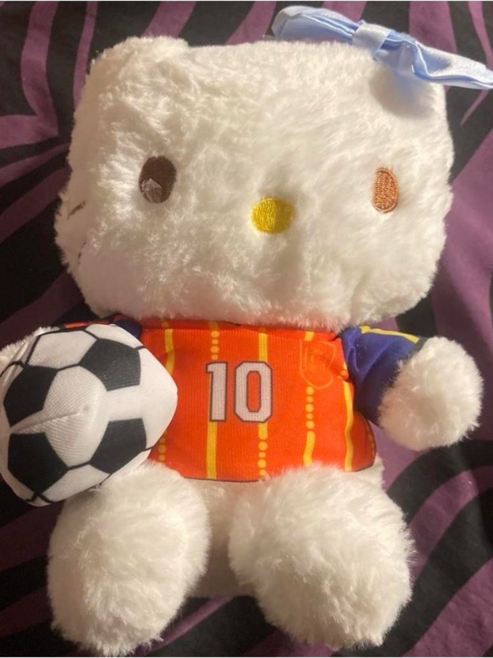 Sanrio White Plush Bunny with Orange Soccer Jersey and Black-White Ball